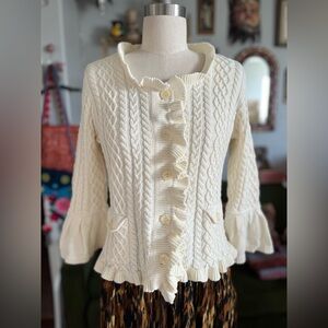 Cream Cable Knit Sweater with Ruffle Trim